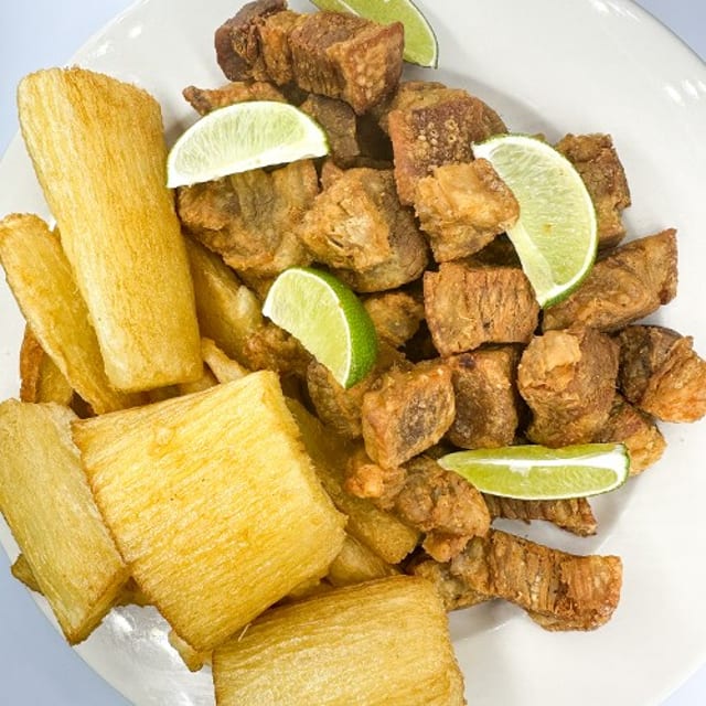 Fried Bacon Pork Belly with Yucca Fritters.